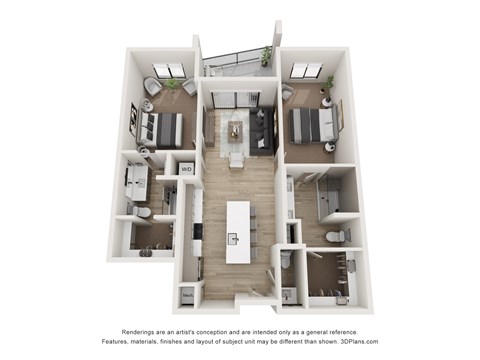 A 3D floor plan of a house with a kitchen, living room, and two bedrooms.